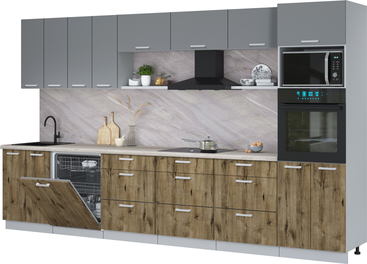 

Готовая кухня Интерлиния Мила Лайт 3.6-ПМ1-2 (серебро/дуб веллингтон/травертин серый)