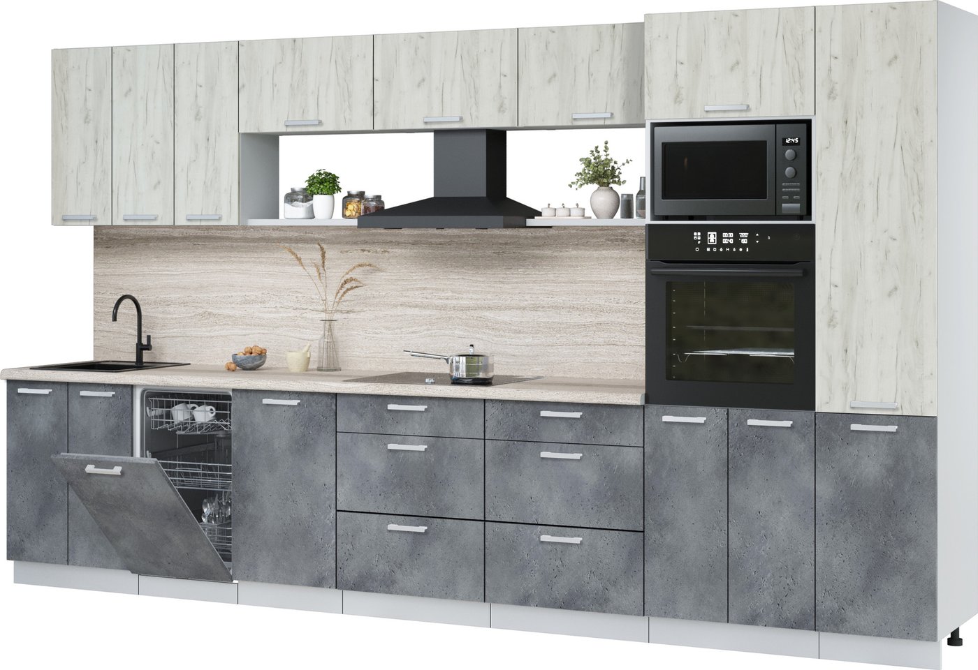 

Готовая кухня Интерлиния Мила Лайт 3.7-ПМ3 (дуб белый/бетон портленд/травертин серый)