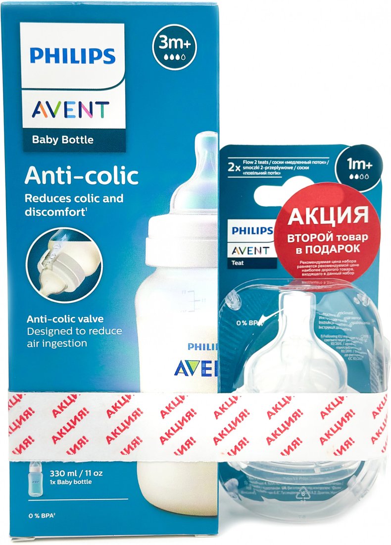 

Бутылочка для кормления Philips Anti-Colic + Соска Anti-colic 2 шт SCS100/11 (330 мл)