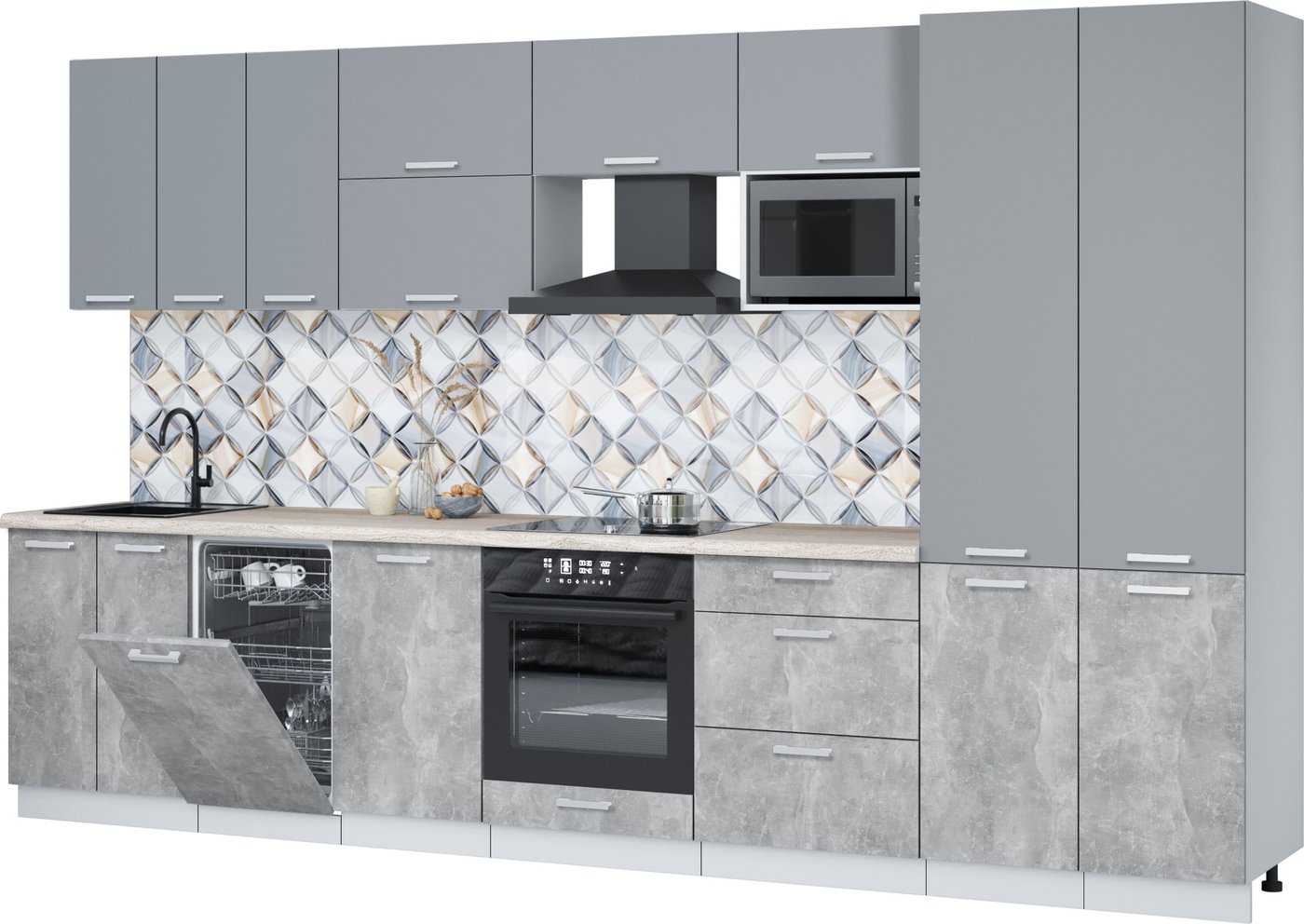 

Готовая кухня Интерлиния Мила Лайт 3.5-ПМ4 (серебро/бетон/травертин серый)