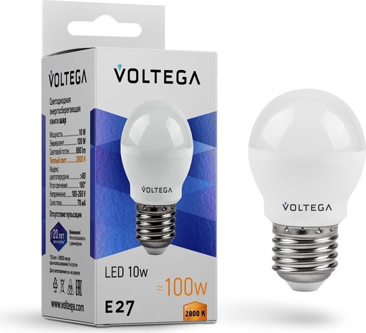 

Светодиодная лампочка Voltega Simple Globe 10W 2800K E27 8455