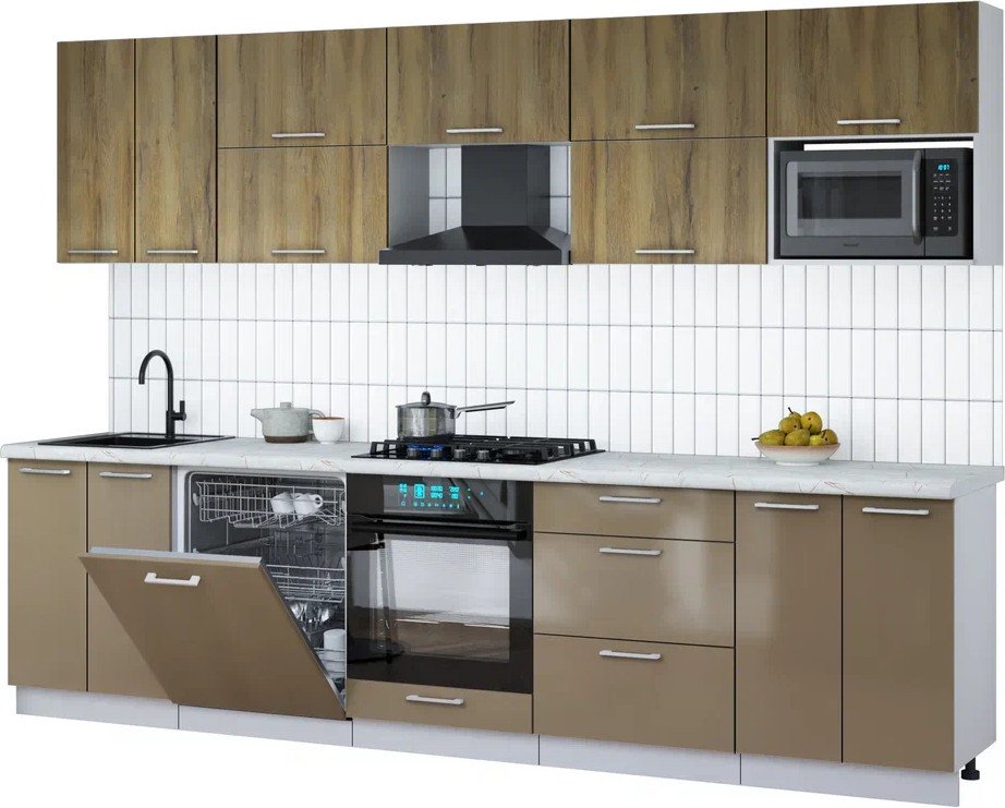 

Готовая кухня Интерлиния Мила Gloss 3.0-ПМ2 (капучино глянец/дуб вотан/серый каспий)