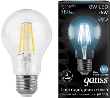 

Светодиодная лампочка Gauss Filament A60 E27 8 Вт 4100 К 102802208