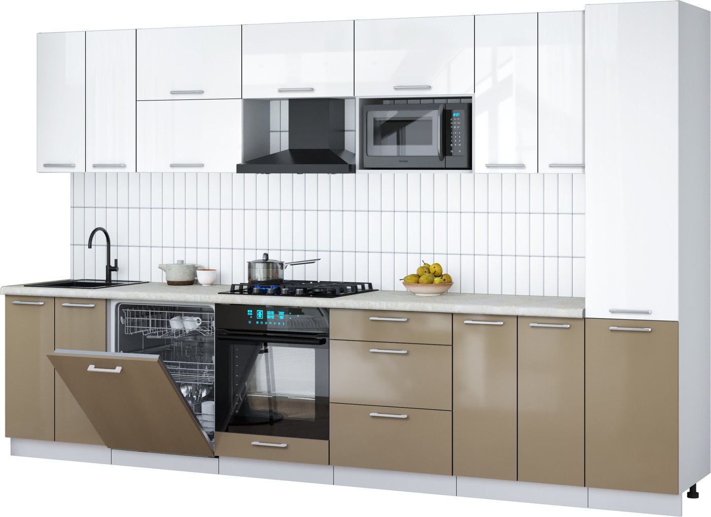 

Готовая кухня Интерлиния Мила Gloss 3.4-ПМ2 (капучино глянец/белый глянец/опал светлый)