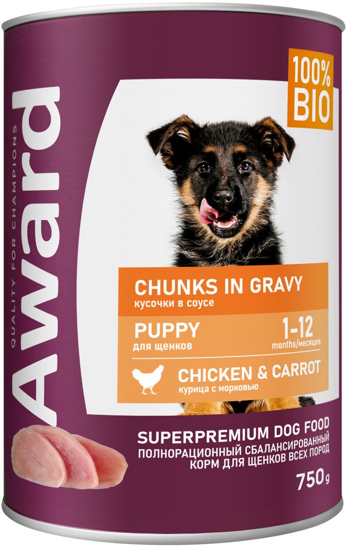 Консервированный корм для собак Award Puppy Кусочки с курицей и морковью 2540393 750 г