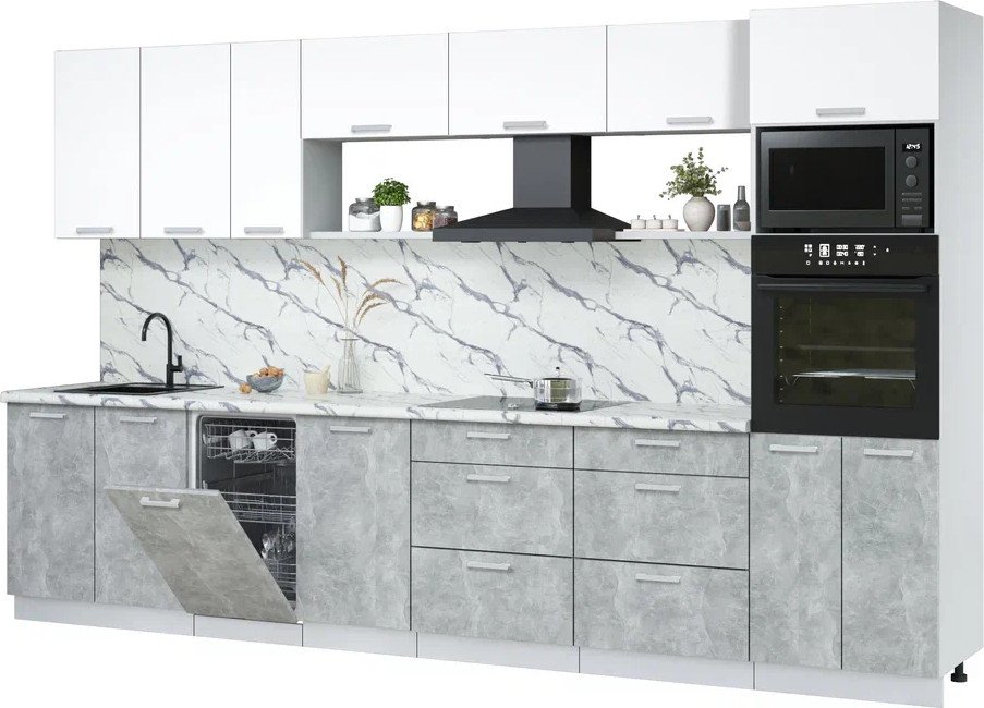 

Готовая кухня Интерлиния Мила Лайт 3.5-ПМ3 (белый платинум/бетон/белый гранит)