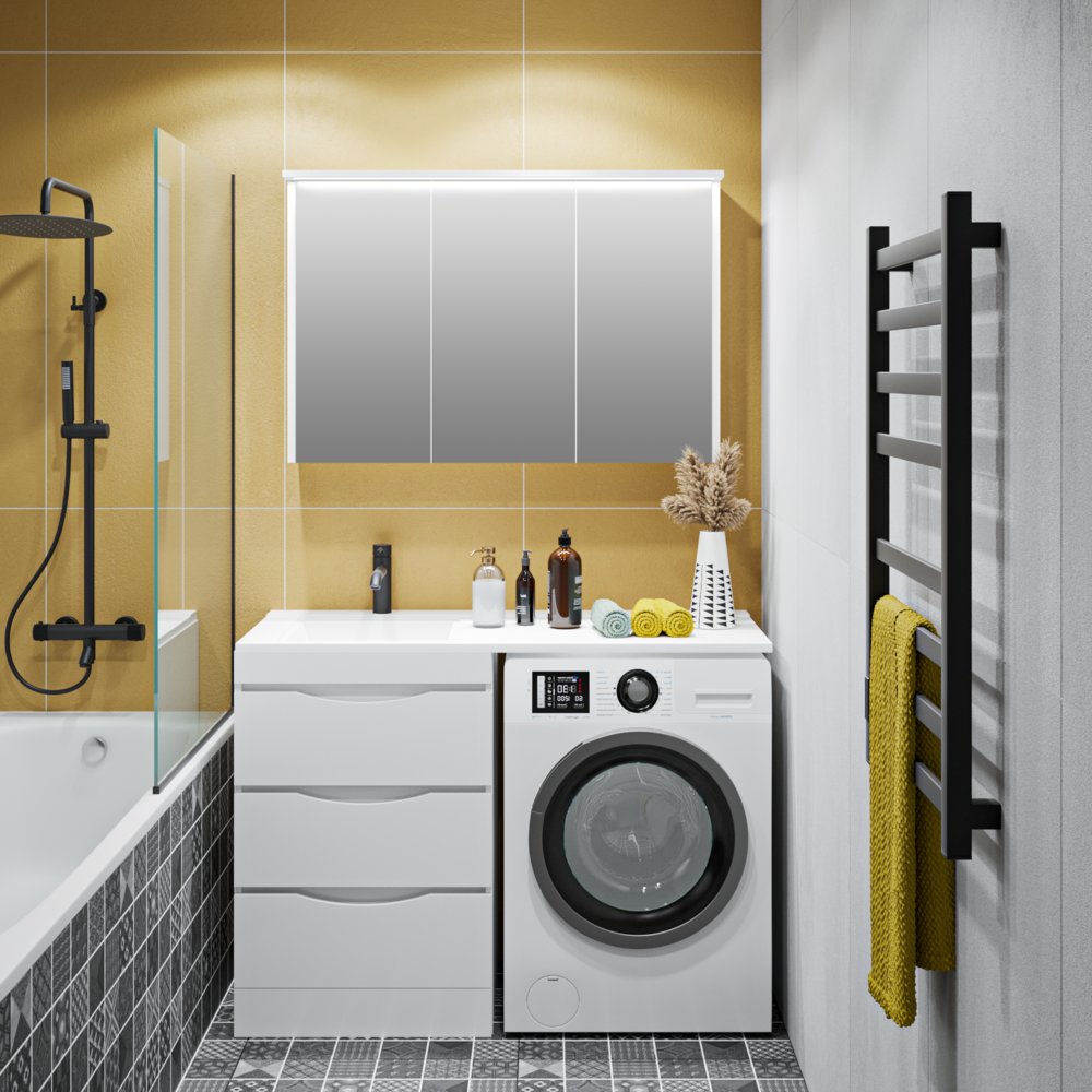 

Runo Тумба с умывальником Runo Орион 60 3 ящика + Гамма 120 лайт с правым крылом (напольная, белый)