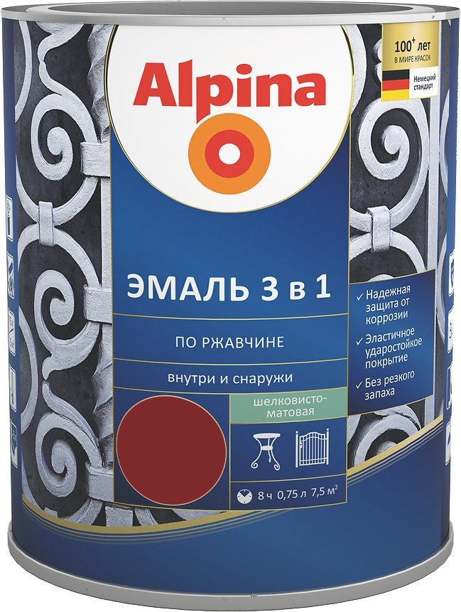 

Эмаль Alpina По ржавчине 3 в 1 RAL3011 0.75 л (шелковисто-матовый красно-коричневый)