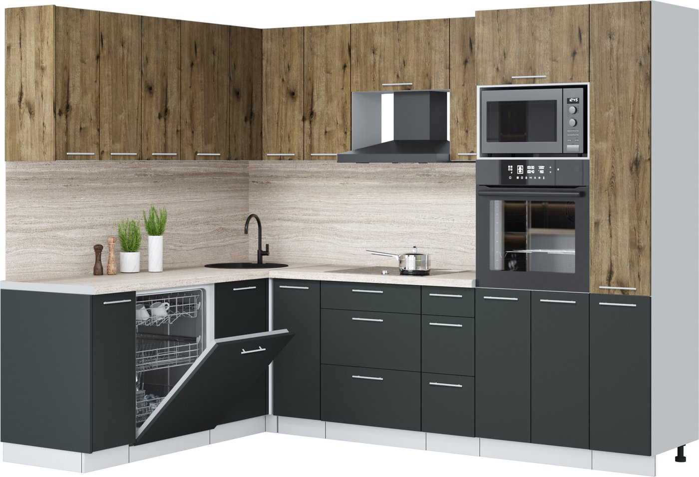 

Готовая кухня Интерлиния Мила Лайт 1.896х2.68 (дуб веллингтон/антрацит/травертин серый)