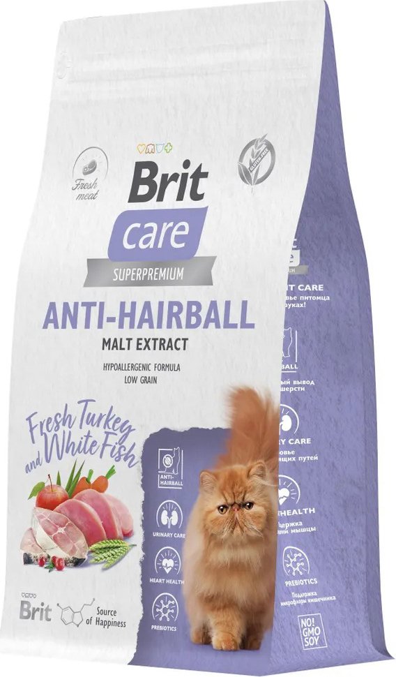 

Сухой корм для кошек Brit Care Superpremium Anti-Hairball с белой рыбой и индейкой (вывод шерсти) 1.5 кг