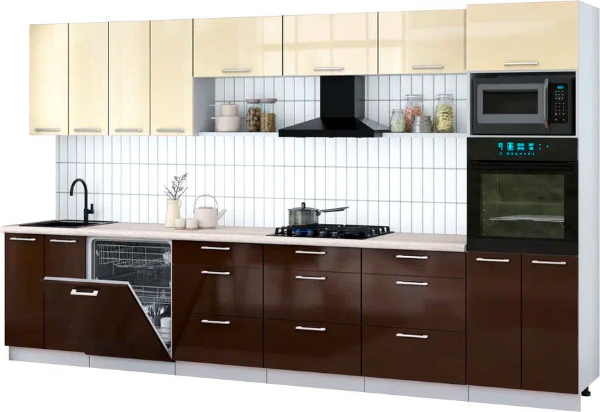 

Готовая кухня Интерлиния Мила Gloss 3.6-ПМ1-2 (шоколад глянец/ваниль глянец/травертин серый)