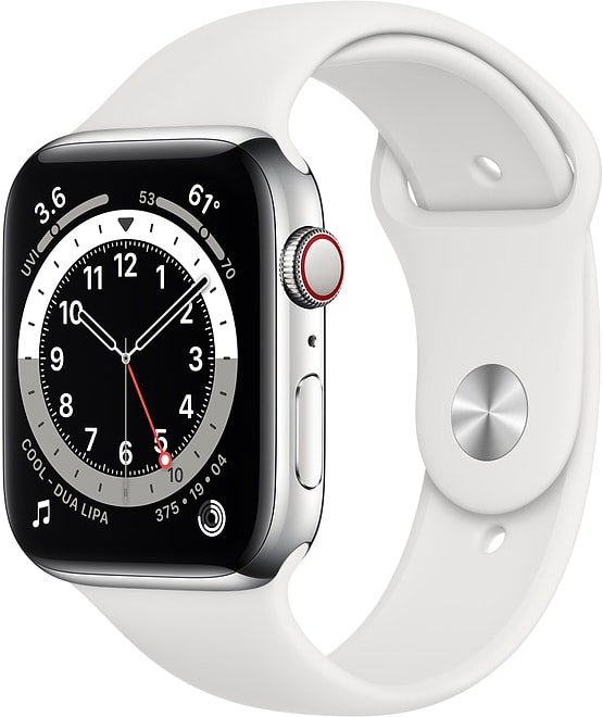 

Умные часы Apple Watch Series 6 LTE 44 мм (сталь серебристый/белый спортивный)