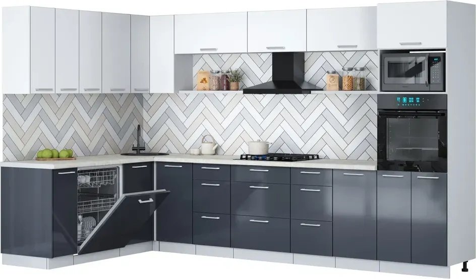 

Готовая кухня Интерлиния Мила Gloss 1.896х3.38-2 (асфальт глянец/белый/опал светлый)