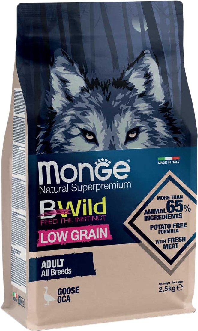 

Сухой корм для собак Monge BWild Low Grain All Breeds Adult Wild Goose (для всех пород с мясом гуся) 2.5 кг