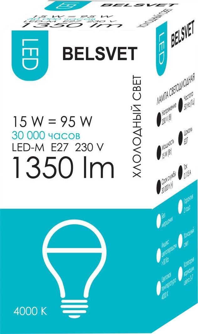 

Светодиодная лампочка Belsvet LED-M A65 E27 15 Вт 4000 К