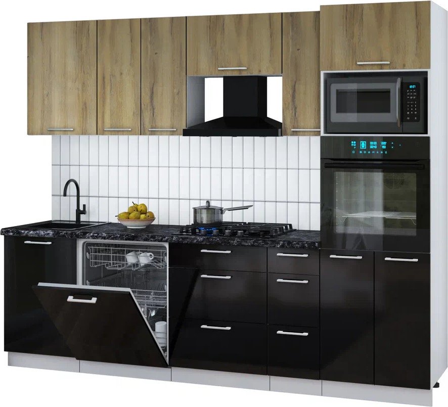 

Готовая кухня Интерлиния Мила Gloss 2.6-ПМ1 (черный глянец/дуб вотан/кастилло темный)