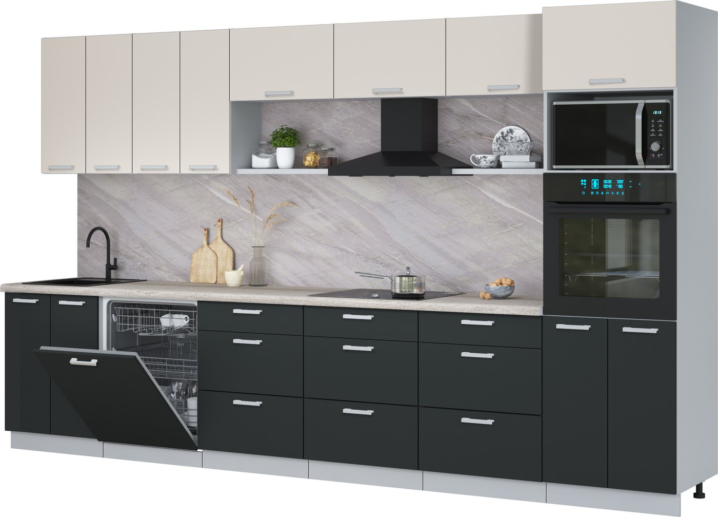 

Готовая кухня Интерлиния Мила Лайт 3.6-ПМ1-2 (персидский жемчуг/антрацит/травертин серый)