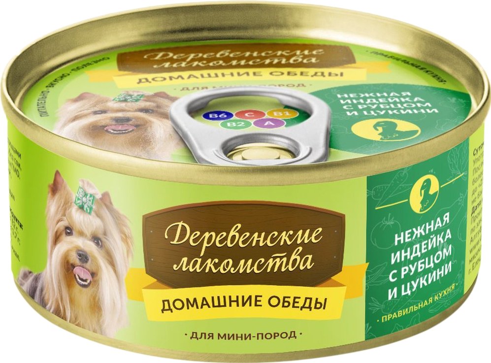 

Консервированный корм для собак Деревенские лакомства Домашние обеды: нежная индейка с рубцом и цукини 0.1 кг