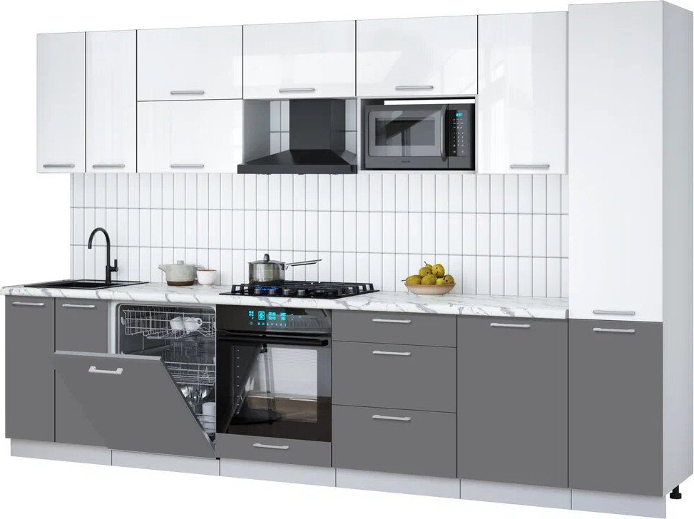 

Готовая кухня Интерлиния Мила Gloss 3.3-ПМ2 (серый/белый глянец/белый гранит)