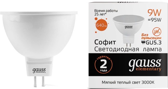 

Светодиодная лампочка Gauss LED Elementary MR16 GU5.3 9 Вт 3000 К 13519