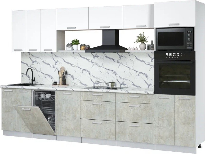 

Готовая кухня Интерлиния Мила Лайт 3.3-ПМ3 (белый платинум/бетон лайт/белый гранит)