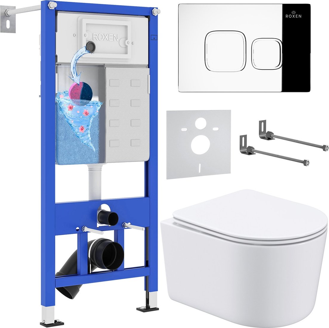 Унитаз подвесной Roxen Simple Compact в комплекте с инсталляцией StounFix Dual Fresh 6 в 1 918025 (кнопка: хром глянец)