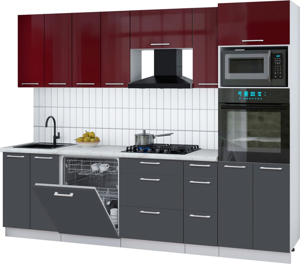 

Готовая кухня Интерлиния Мила Gloss 2.7-ПМ1 (пепел/бордовый глянец/серый каспий)