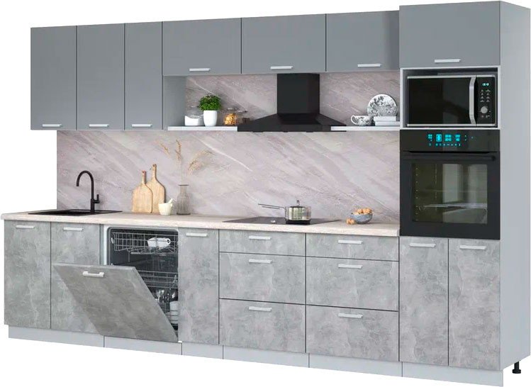 

Готовая кухня Интерлиния Мила Лайт 3.5-ПМ1-2 (серебро/бетон/травертин серый)