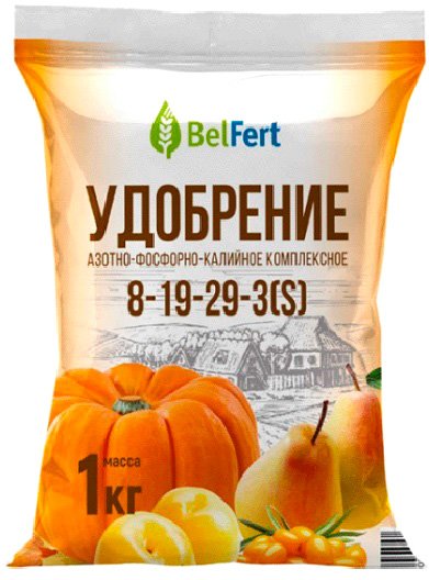 

Удобрение BelFert Aзoтнo-фocфopнo-кaлийнoe 8-19-29-3(S) (1 кг)
