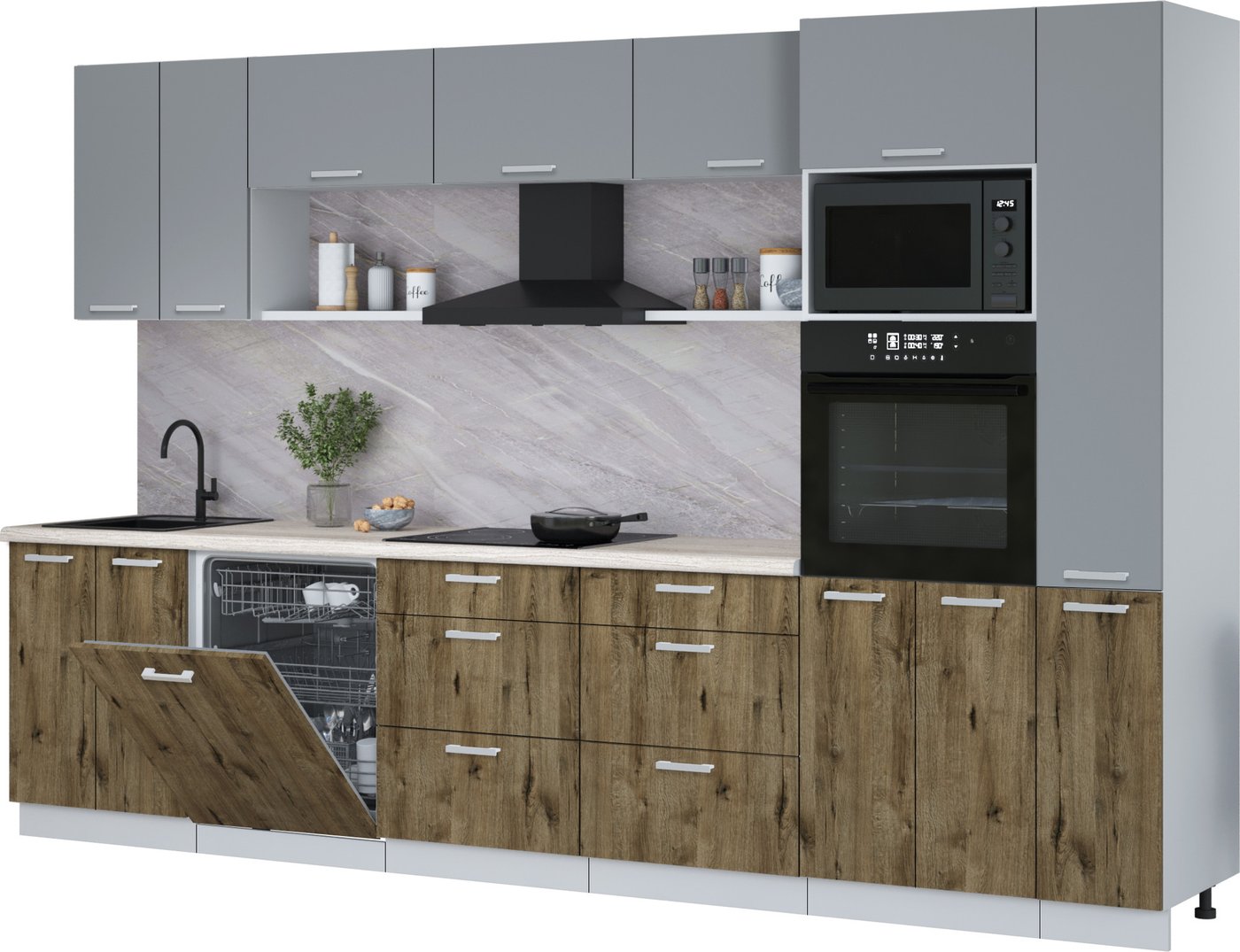 

Готовая кухня Интерлиния Мила Лайт 3.3-ПМ1 (серебро/дуб веллингтон/травертин серый)