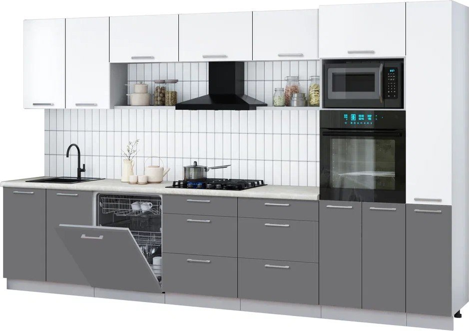 

Готовая кухня Интерлиния Мила Gloss 3.5-ПМ1 (серый/белый/опал светлый)