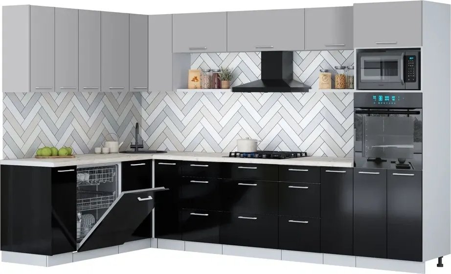 

Готовая кухня Интерлиния Мила Gloss 1.896х3.18 (черный глянец/грей/бискайская сосна)