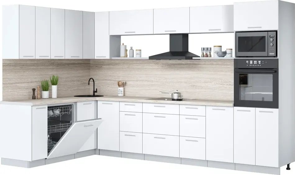 

Готовая кухня Интерлиния Мила Лайт 1.896х3.38-2 (белый платинум/белый платинум/травертин серый)