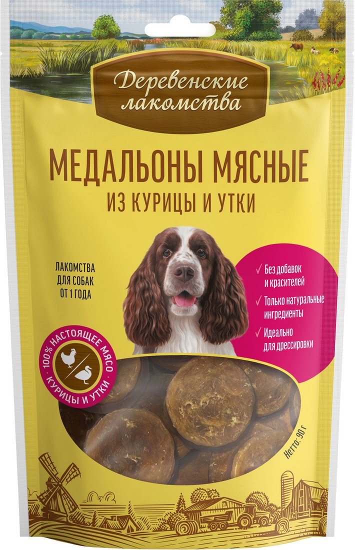 

Лакомство для собак Деревенские лакомства Медальоны мясные из курицы и утки 90 г