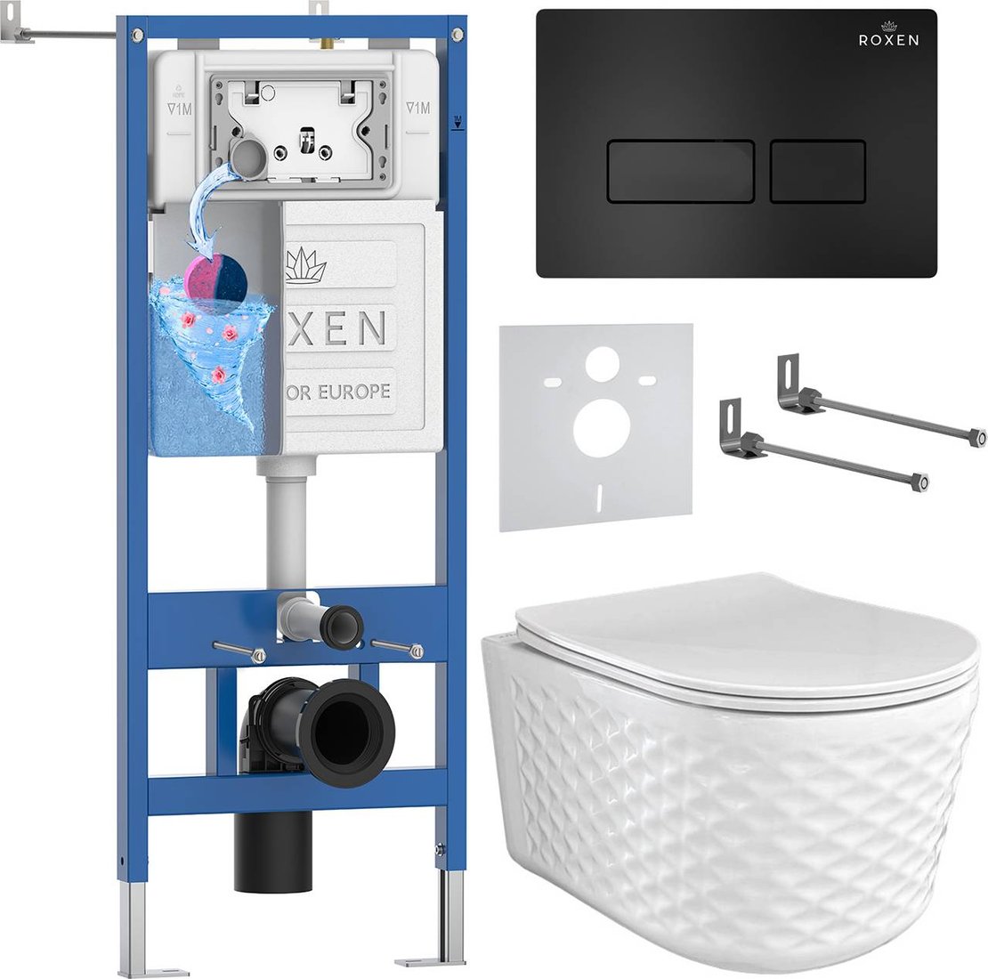 

Унитаз подвесной Roxen Vine Tornado в комплекте с инсталляцией StounFix Dual Fresh 6 в 1 979001 (кнопка: черный матовый)