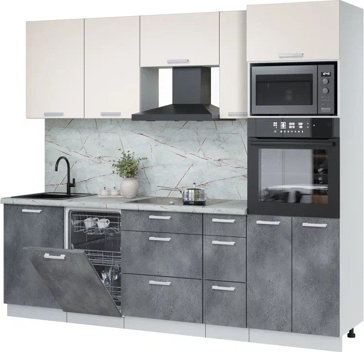 

Готовая кухня Интерлиния Мила Лайт 2.45-ПМ3 (персидский жемчуг/бетон портленд/серый каспий)