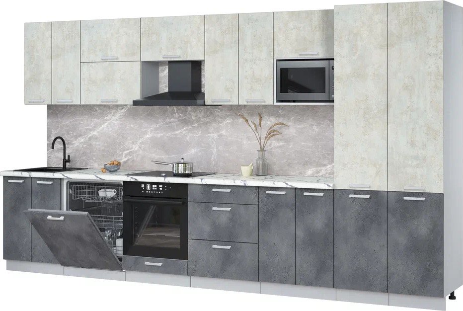 

Готовая кухня Интерлиния Мила Лайт 3.8-ПМ2 (бетон лайт/бетон портленд/белый гранит)