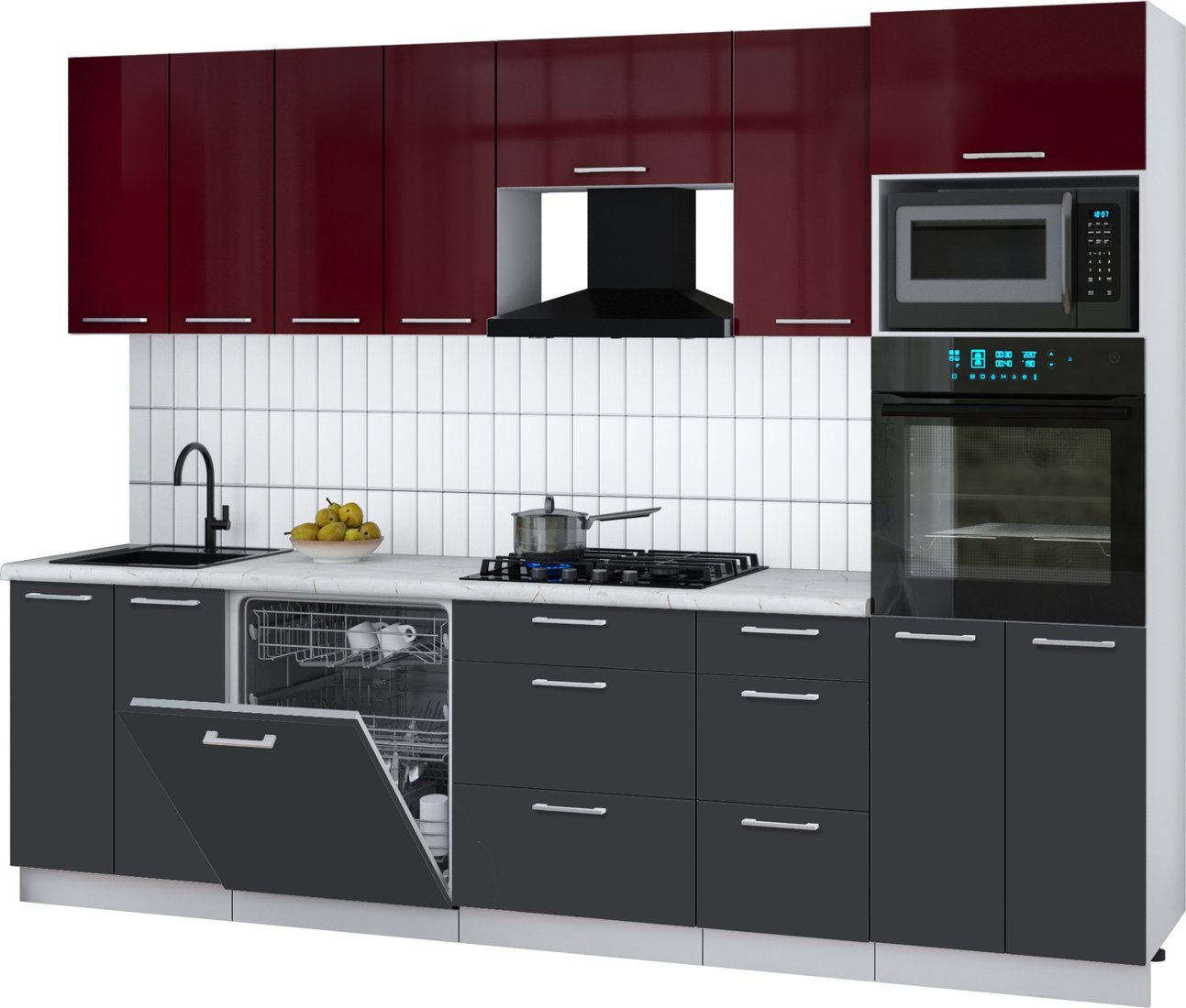 

Готовая кухня Интерлиния Мила Gloss 2.8-ПМ1 (пепел/бордовый глянец/серый каспий)