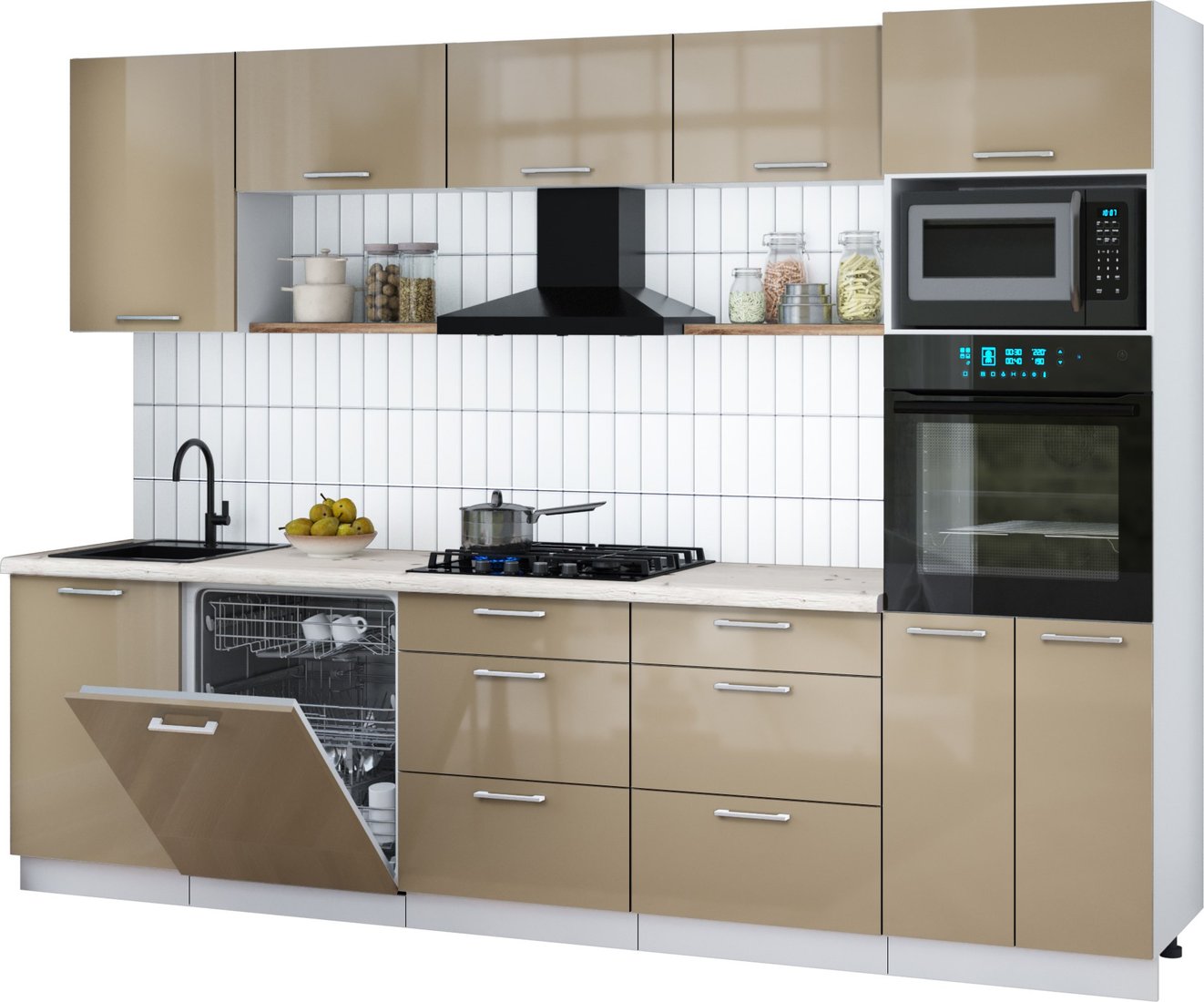 

Готовая кухня Интерлиния Мила Gloss 2.9-ПМ1 (капучино глянец/капучино глянец/бискайская сосна)