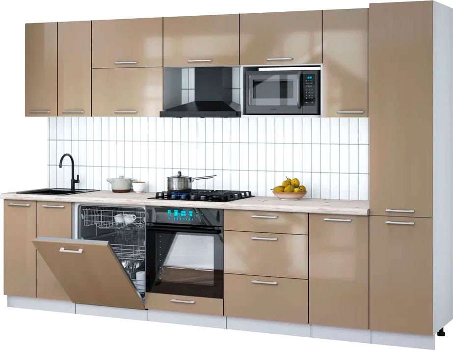 

Готовая кухня Интерлиния Мила Gloss 3.2-ПМ2 (капучино глянец/капучино глянец/бискайская сосна)