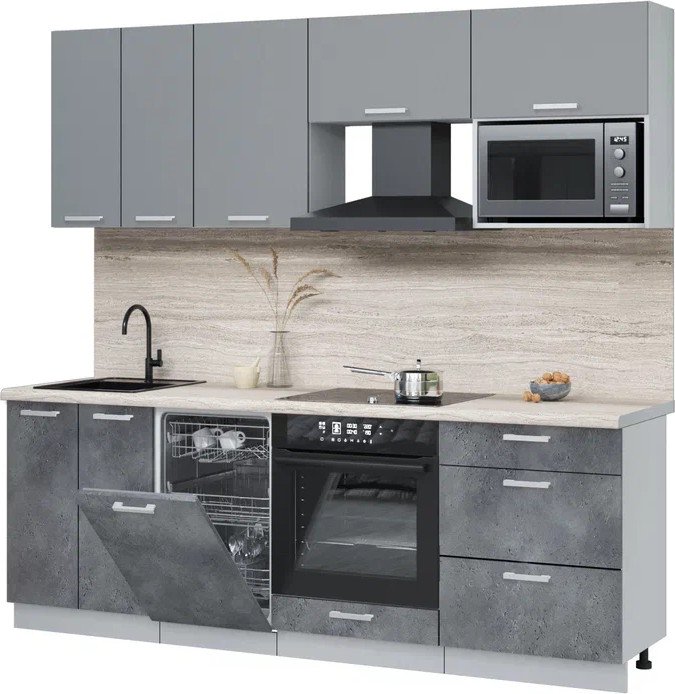 

Готовая кухня Интерлиния Мила Лайт 2.25-ПМ4 (серебро/бетон портленд/травертин серый)