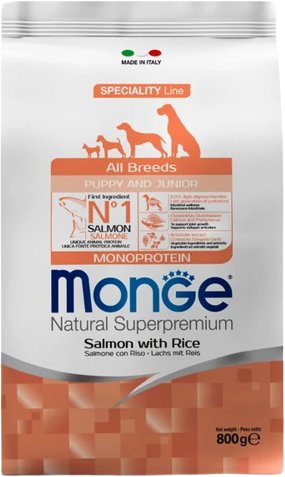 

Сухой корм для собак Monge All Breeds Puppy & Junior Monoprotein Salmon with Rice (для щенков всех пород с лососем и рисом) 800 г