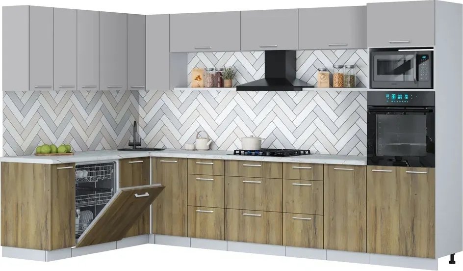 

Готовая кухня Интерлиния Мила Gloss 1.896х3.38-2 (дуб вотан/грей/серый каспий)