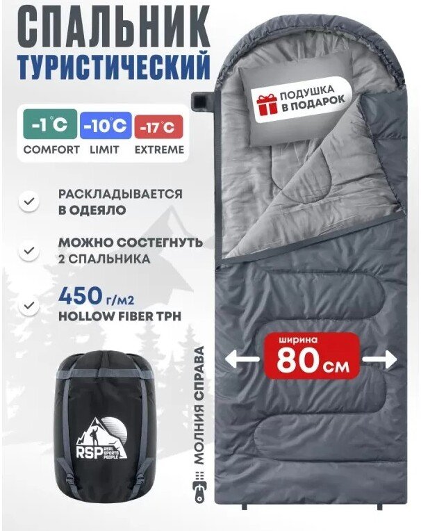 Спальный мешок RSP Outdoors Sleep 450 R (серый, 220x80см, молния справа)