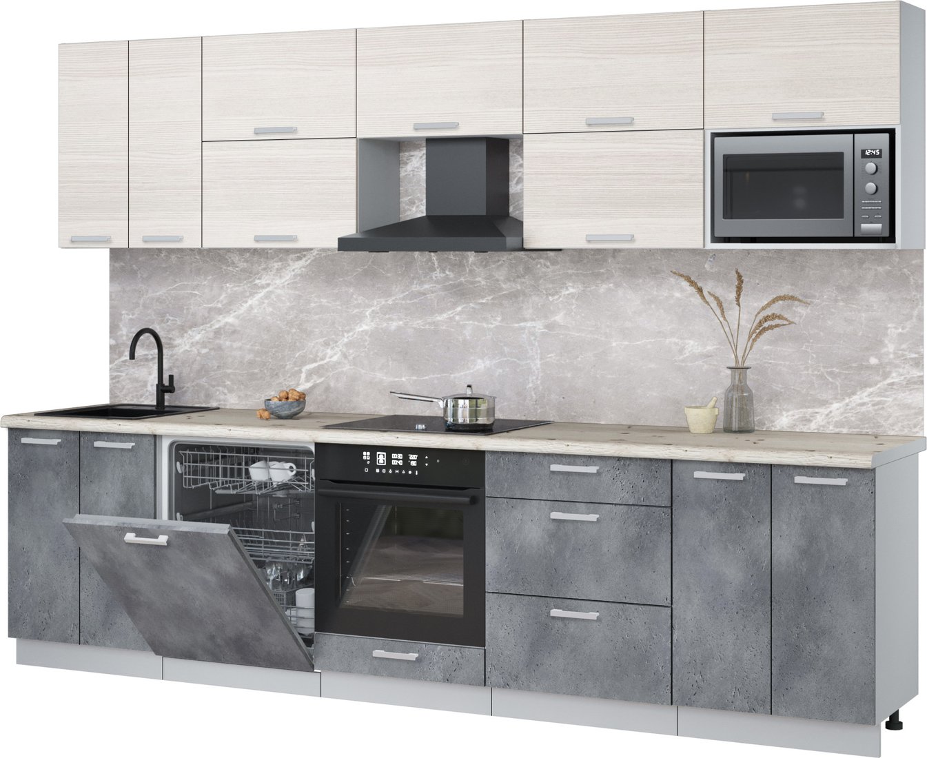 

Готовая кухня Интерлиния Мила Лайт 3.0-ПМ2 (вудлайн кремовый/бетон портленд/бискайская сосна)