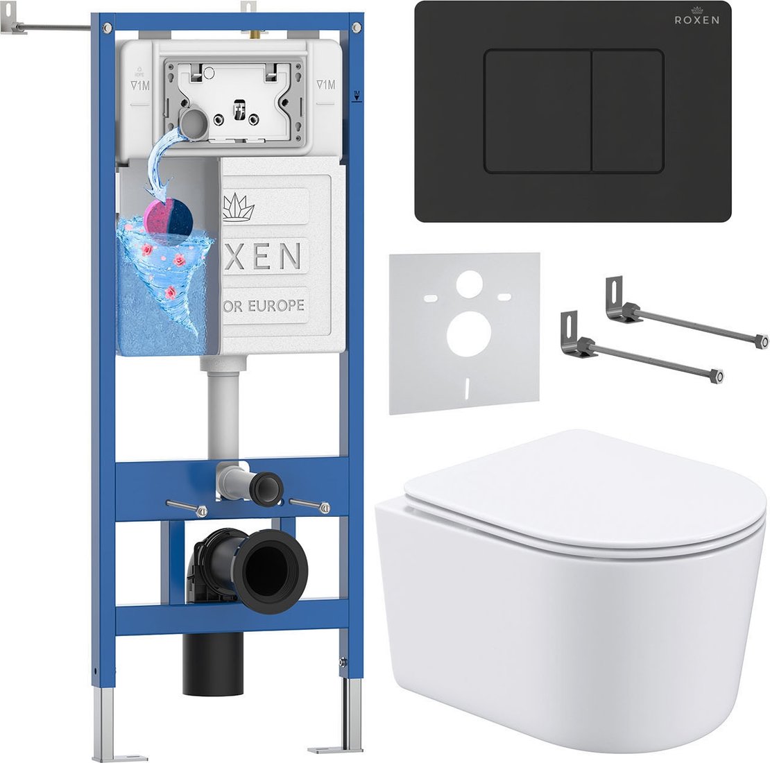 

Унитаз подвесной Roxen Simple Compact в комплекте с инсталляцией StounFix Dual Fresh 6 в 1 868492 (кнопка: черный матовая)