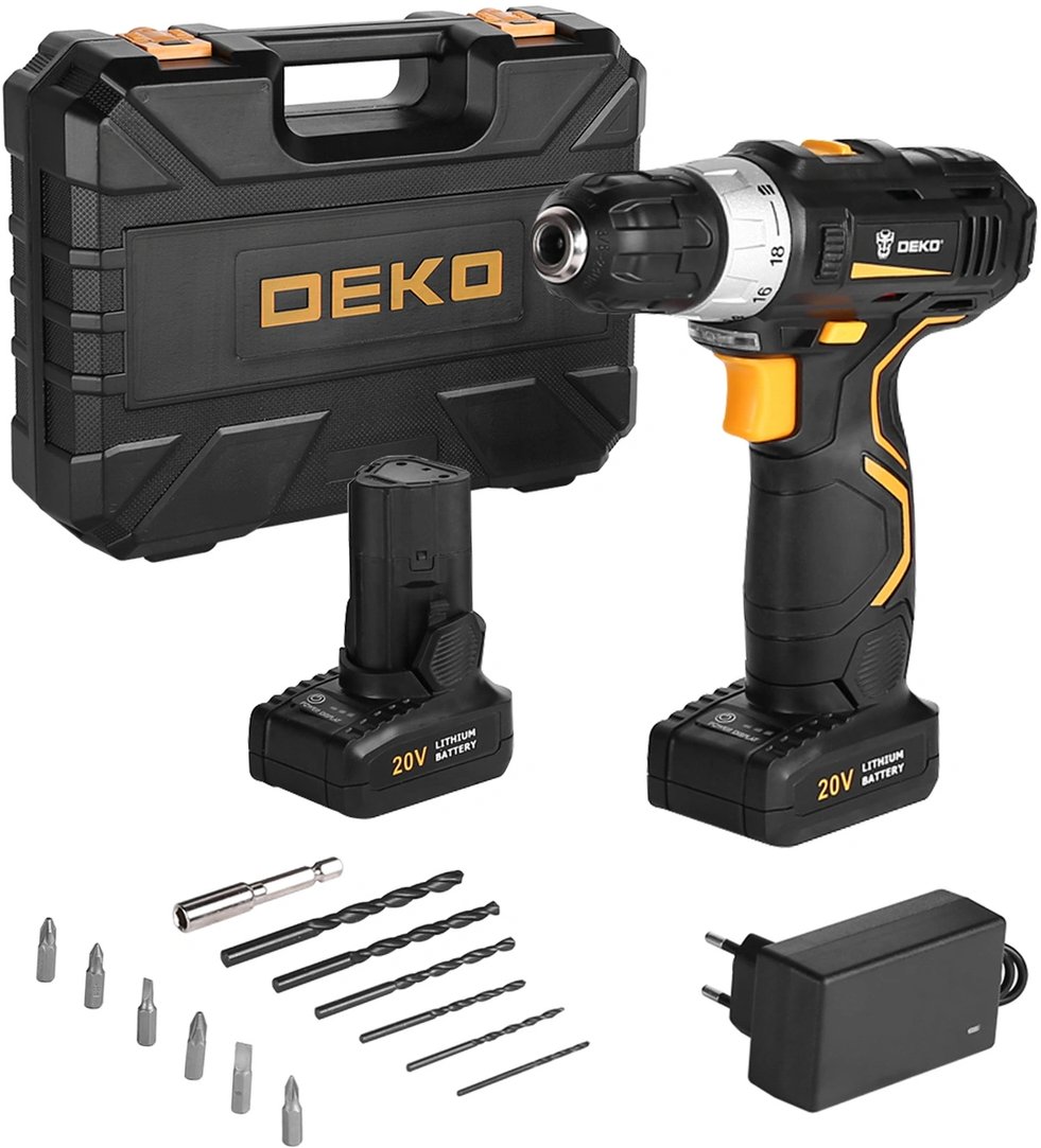

Дрель-шуруповерт Deko GCD20DU3 SET 3 063-4142 (с 2-мя АКБ, кейс, набор оснастки)
