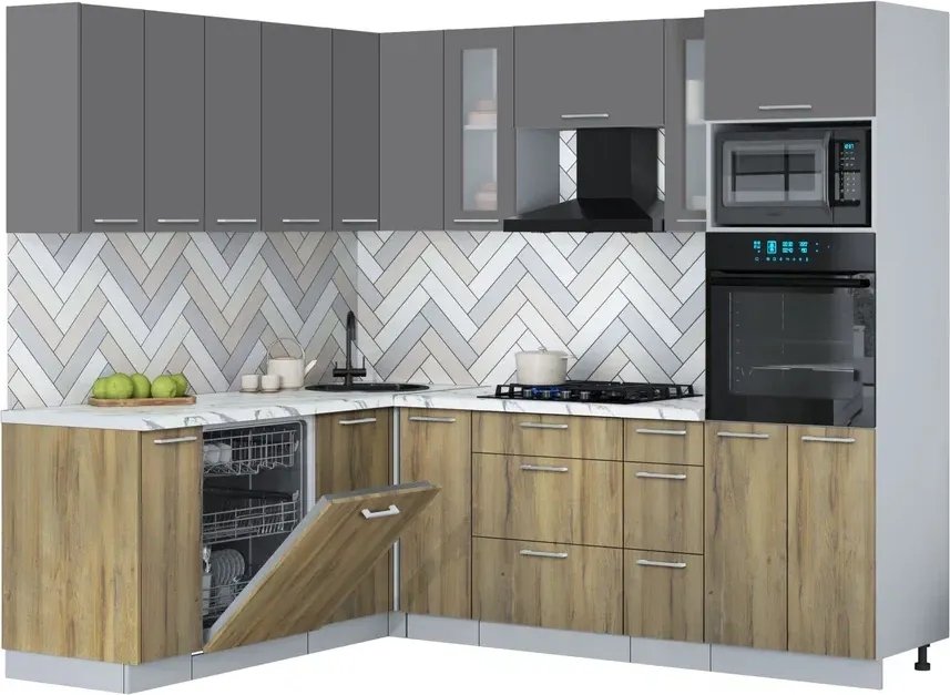 

Готовая кухня Интерлиния Мила Gloss 1.896х2.38 (дуб вотан/серый/белый гранит)