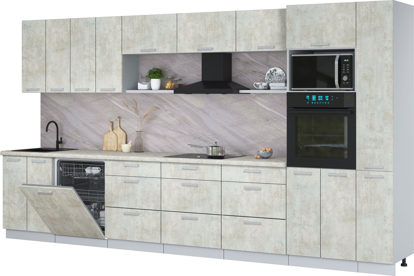 

Готовая кухня Интерлиния Мила Лайт 3.9-ПМ1 (бетон лайт/бетон лайт/опал светлый)