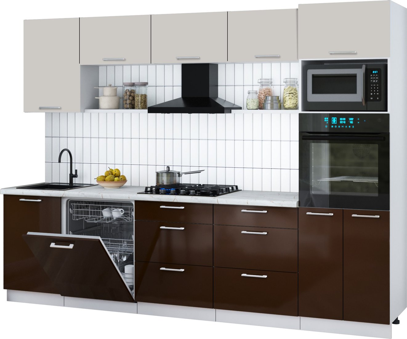 

Готовая кухня Интерлиния Мила Gloss 2.9-ПМ1 (шоколад глянец/кашемир/серый каспий)